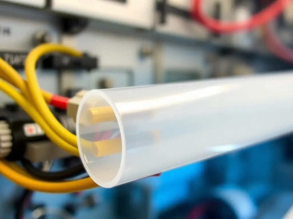 An image of FEP/PTFE heat shrink tubing being used in an aerospace wiring harness, highlighting its high-temperature resistance and chemical inertness.