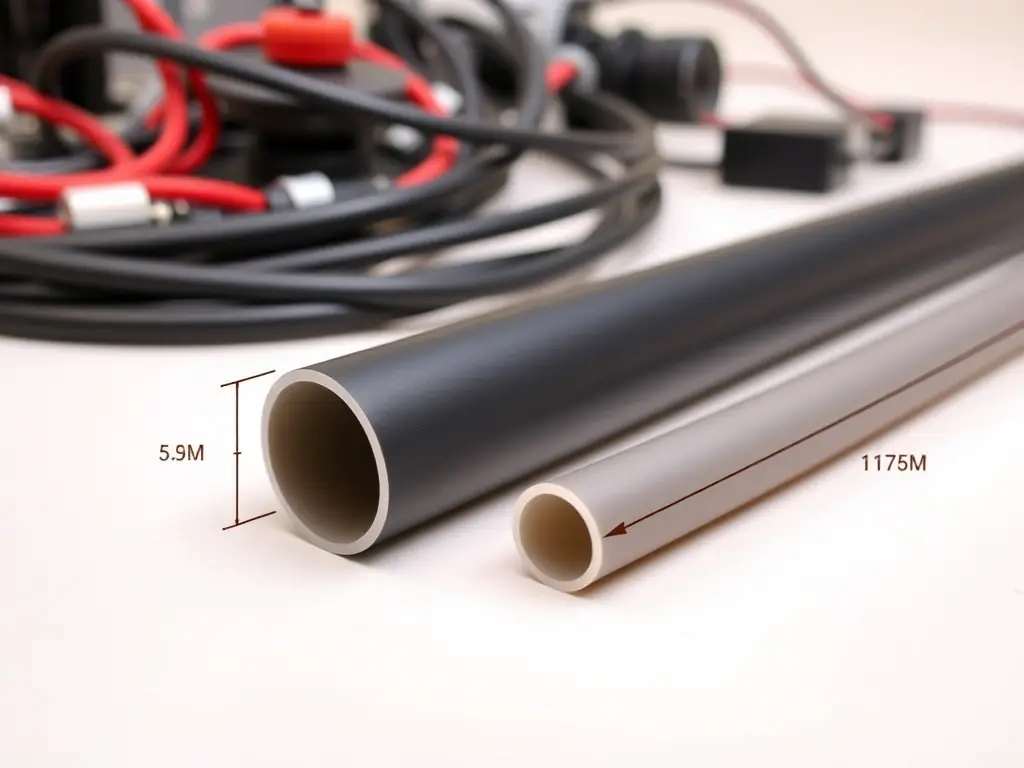 A detailed close-up of Raychem DR-25 alternative heat shrink tubing, showcasing its smooth surface and precise dimensions, set against a backdrop of aerospace equipment.