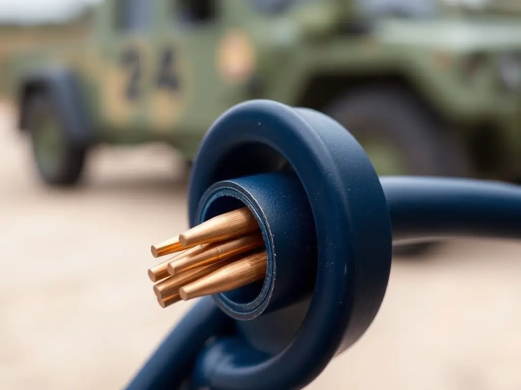 A close-up of a dark blue, MIL-spec compliant heat shrink tubing, showcasing its robust construction and smooth, matte finish. The tubing is partially shrunk around a wire, demonstrating its secure fit and insulation capabilities. The background is a blurred image of military equipment, emphasizing its intended use.