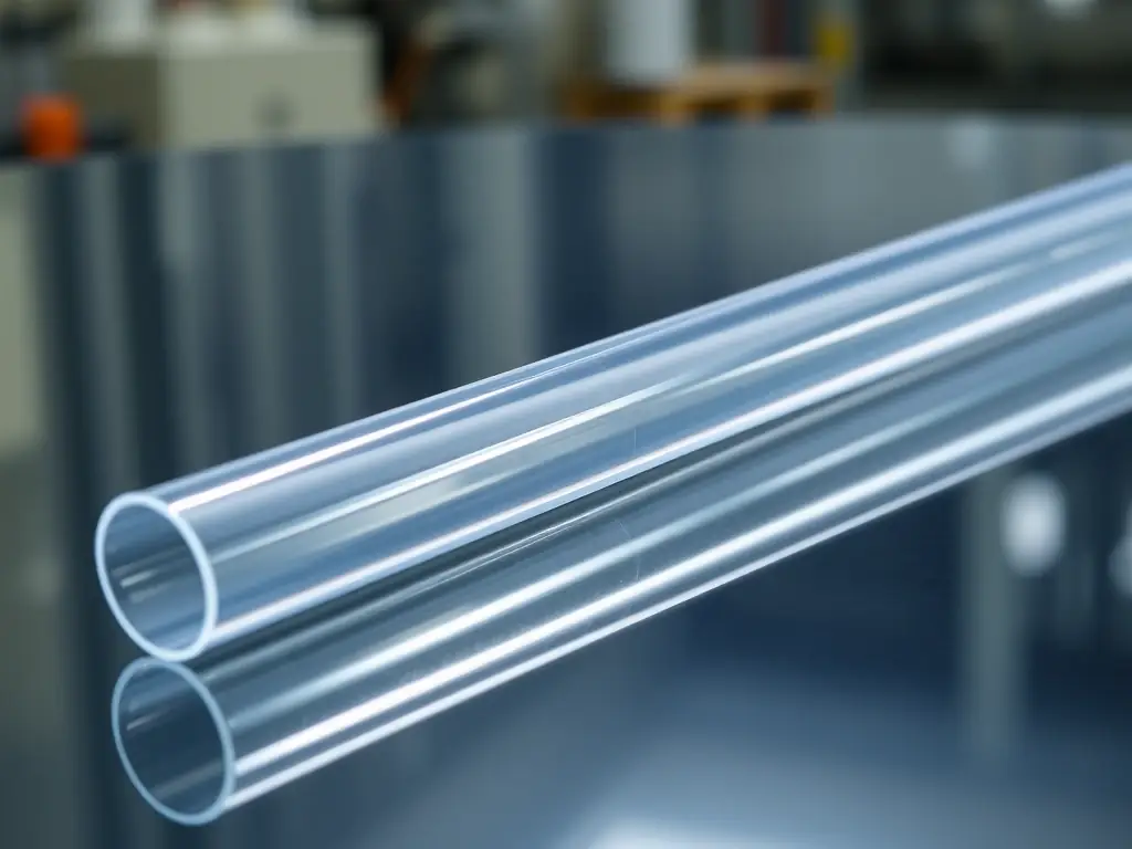 A transparent FEP/PTFE heat shrink tubing, highlighting its clarity and smooth surface, designed for high-temperature and chemical resistance applications in aerospace and military use.
