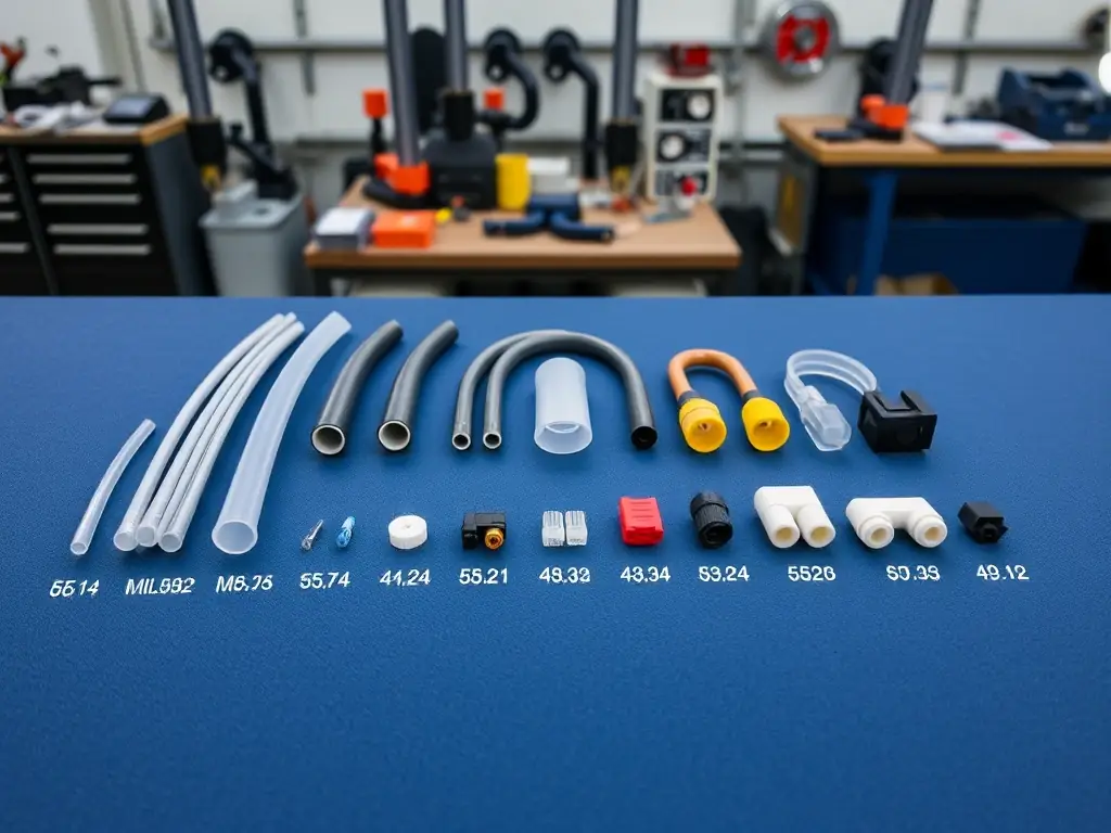 A collection of various MIL-spec heat shrink products, including tubing, boots, and connectors, arranged neatly on a dark blue surface. Each product is labeled with its MIL-spec number, emphasizing compliance and quality. The background is a clean, industrial setting, highlighting the precision and reliability of the products.
