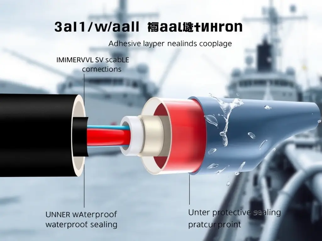 A cross-sectional view of a dual-wall heat shrink boot, highlighting the inner adhesive layer and the outer protective shell. The boot is shown sealing a cable connection, demonstrating its waterproof capabilities. The background features a blurred image of a naval vessel, reinforcing its military application.